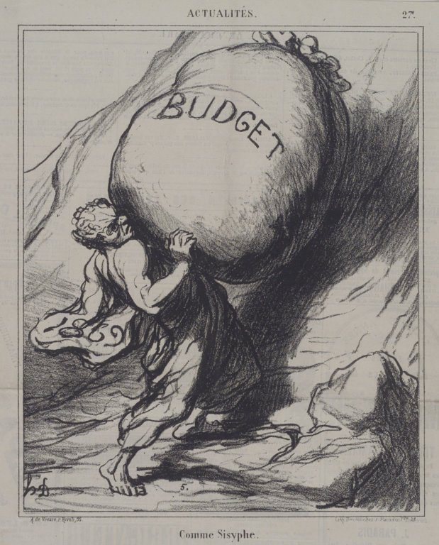 A black and white drawing of a man carrying a large budget.