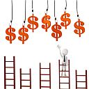 cartoon standing on ladder trying to reach dollar