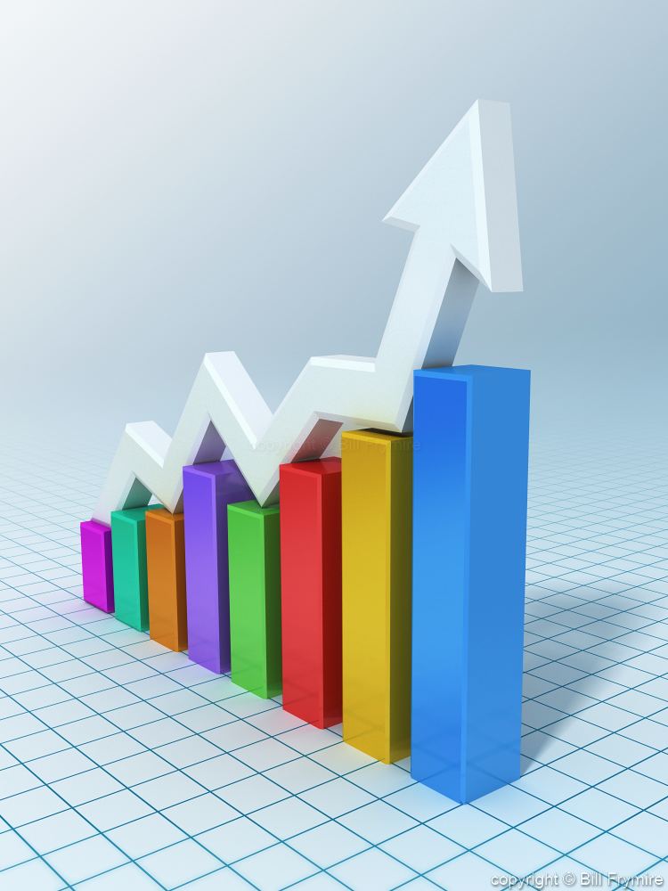 A colorful bar graph with an arrow pointing upward.